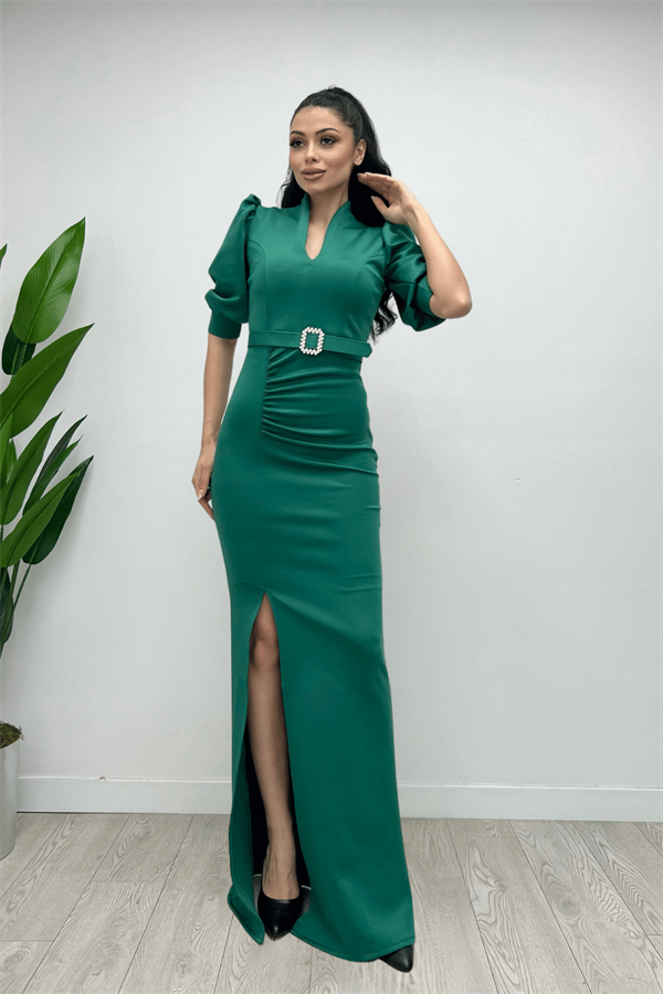 Scuba Fabric Stand Collar Dress - Emerald Green