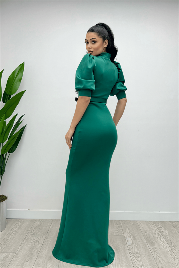 Scuba Fabric Stand Collar Dress - Emerald Green