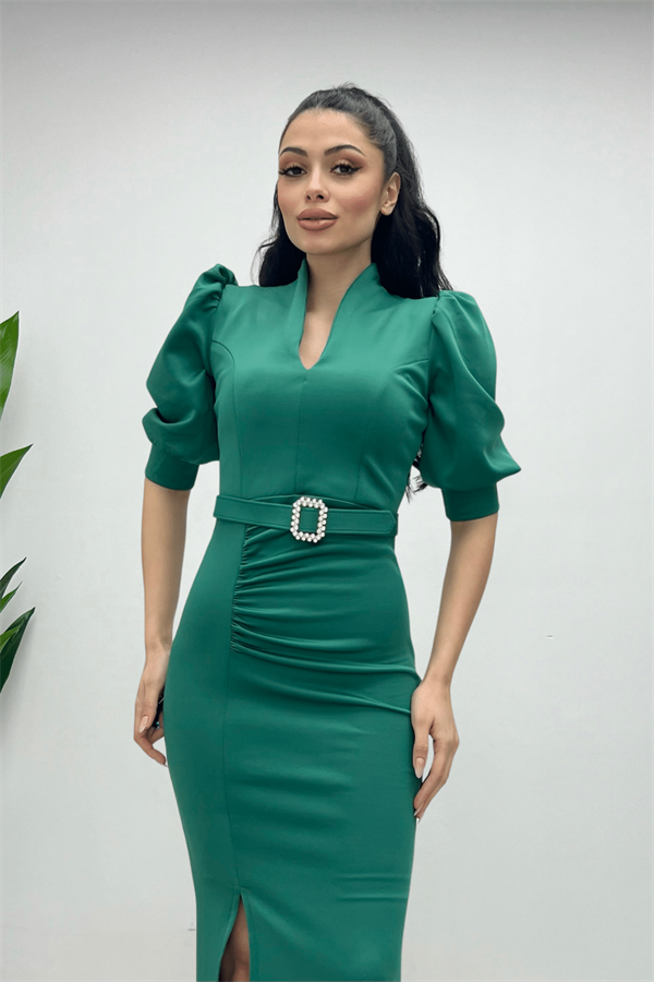 Scuba Fabric Stand Collar Dress - Emerald Green
