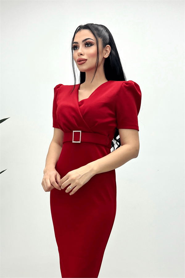 Scuba Fabric Belt Detailed Dress - Red