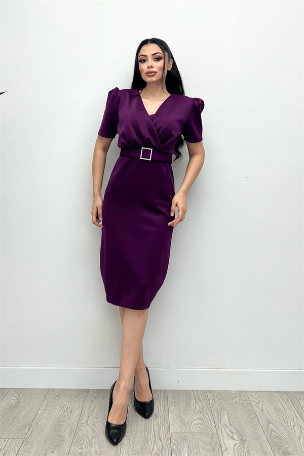 Scuba Fabric Belt Detailed Dress - Eggplant Color