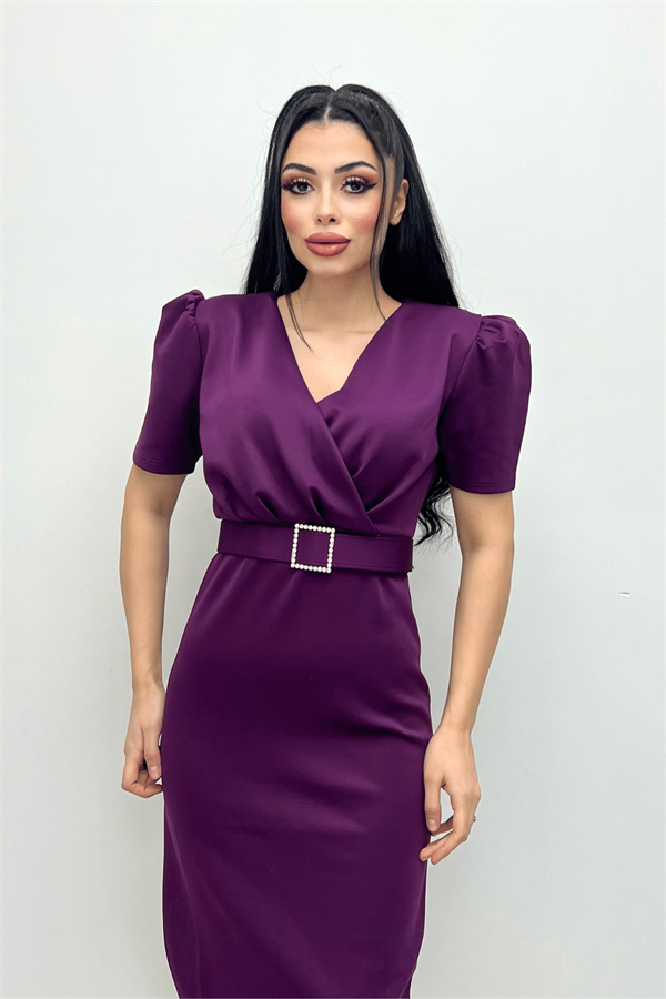 Scuba Fabric Belt Detailed Dress - Eggplant Color