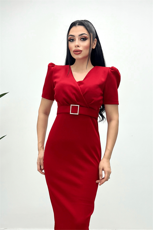 Scuba Fabric Belt Detailed Dress - Red