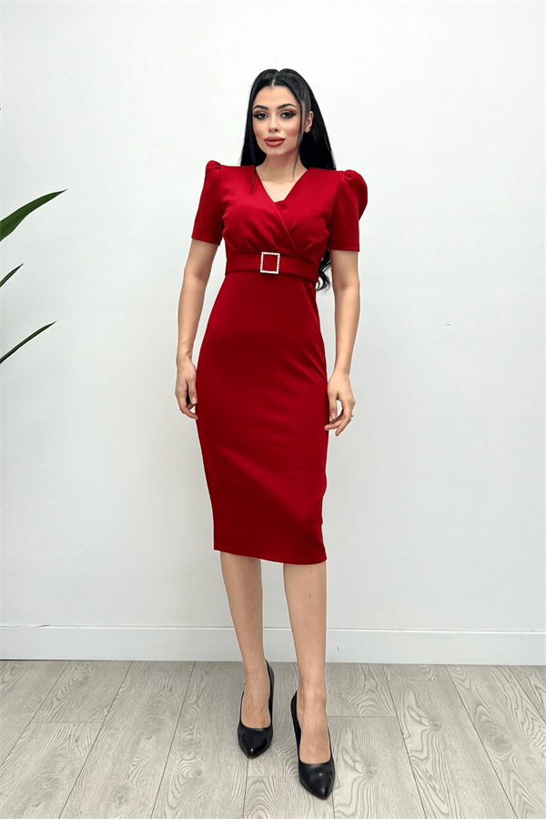 Scuba Fabric Belt Detailed Dress - Red