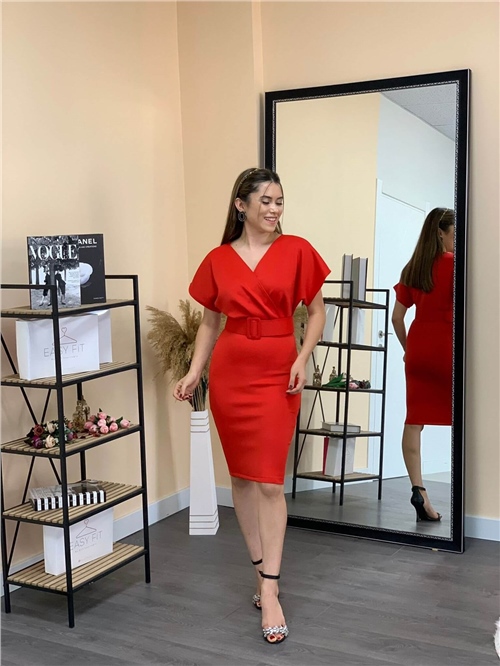 Scuba Kumaş Kemerli Elbise - Kırmızı