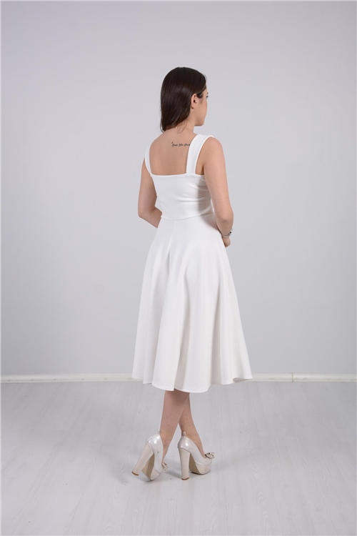 Scuba Kumaş Midi Elbise - Beyaz