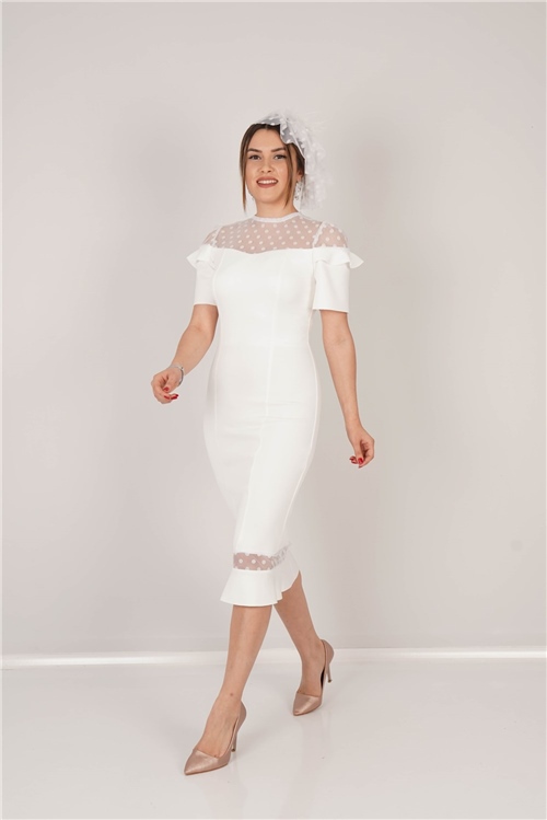 Scuba Kumaş Puantiye Detaylı Elbise - Beyaz