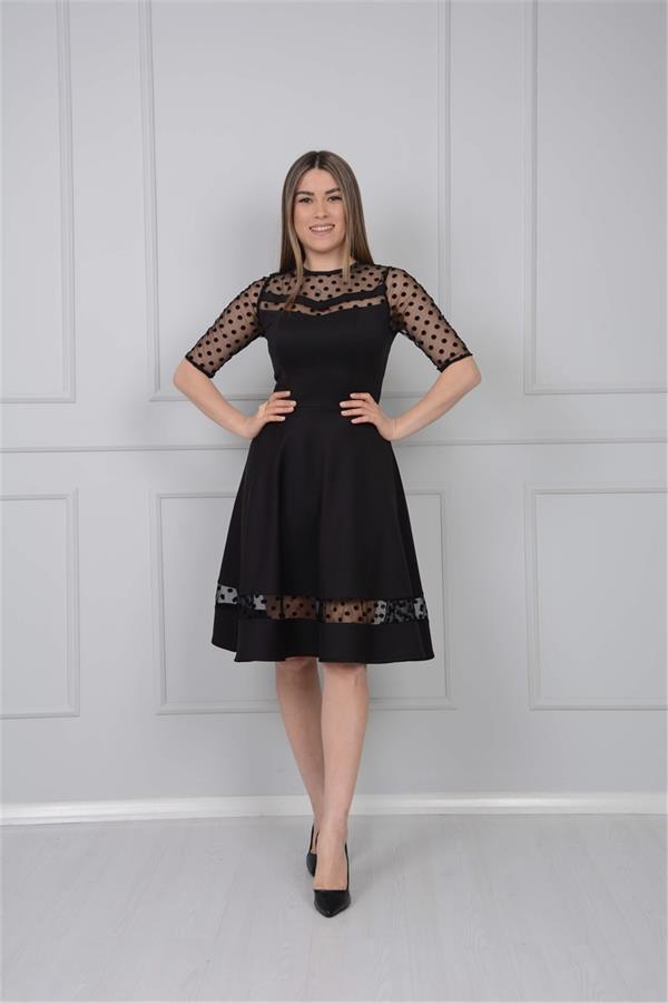 Scuba Fabric Spotty Detailed Dress - Black