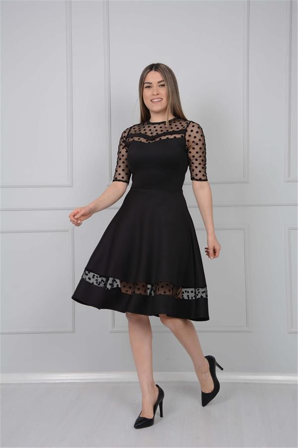 Scuba Fabric Spotty Detailed Dress - Black