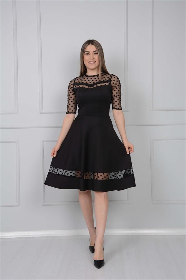 Scuba Fabric Spotty Detailed Dress - Black