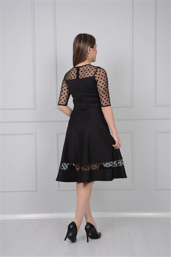 Scuba Fabric Spotty Detailed Dress - Black