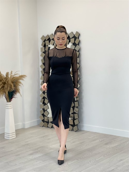 Scuba Fabric Spotty Detailed Pencil Dress - Black