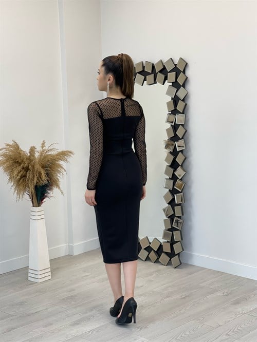 Scuba Fabric Spotty Detailed Pencil Dress - Black