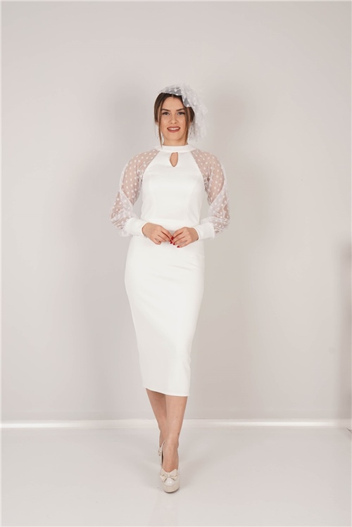 Scuba Kumaş Puantiye Detaylı Kalem Elbise - Beyaz