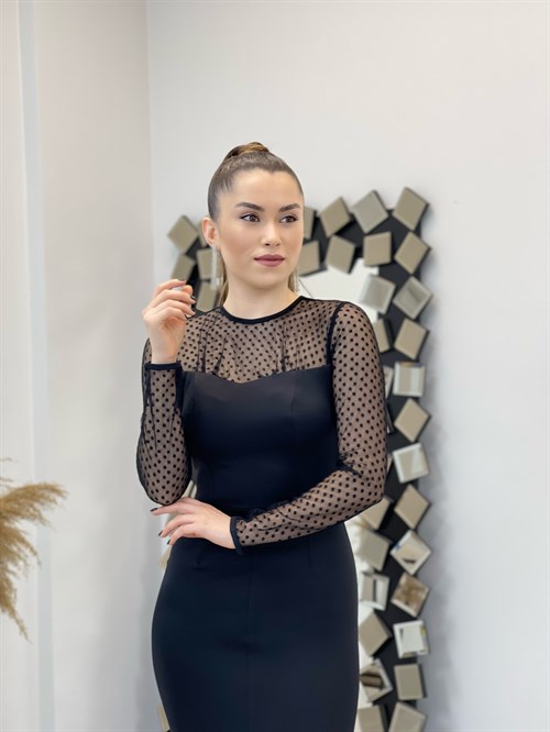 Scuba Fabric Spotty Detailed Pencil Dress - Black