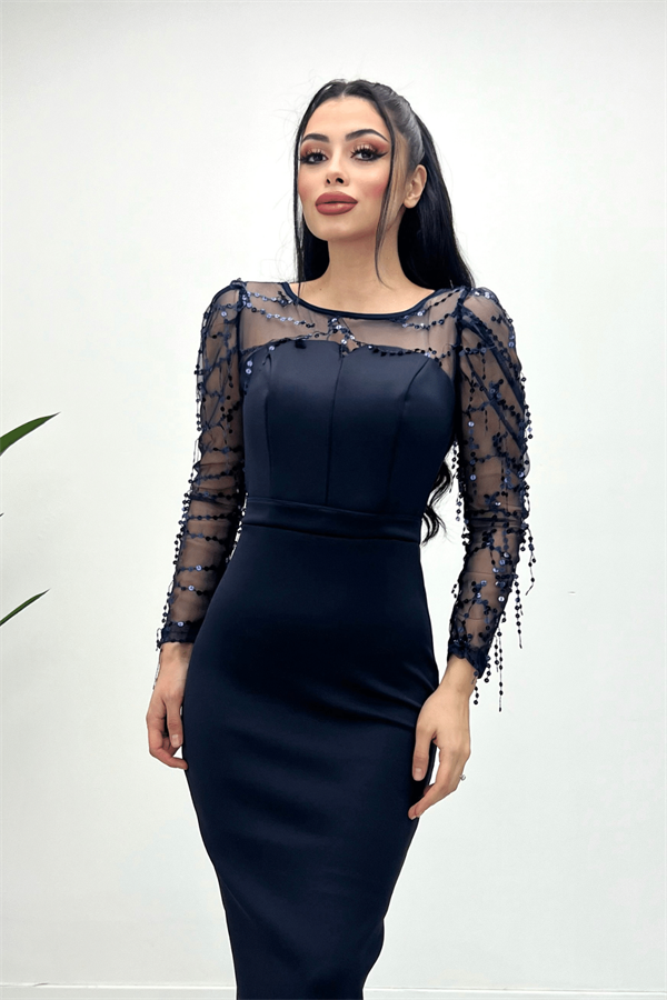 فستان من قماش سكوبا مزين بالترتر ومهدب - الأزرق الداكن