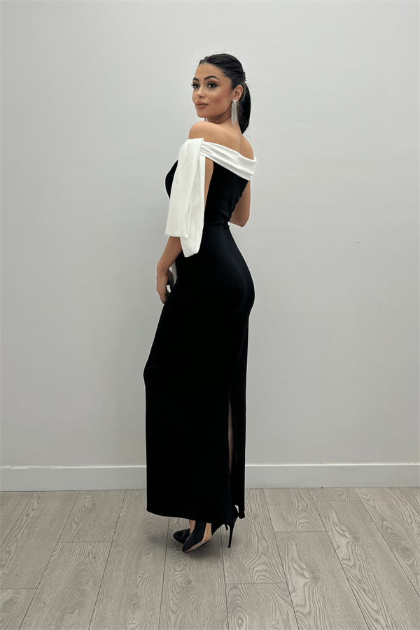 Scuba Kumas Şal Tasarımlı Kalem Elbise - SİYAH