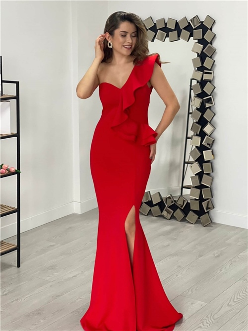 Scuba Kumaş Yırtmaçlı Elbise - Kırmızı
