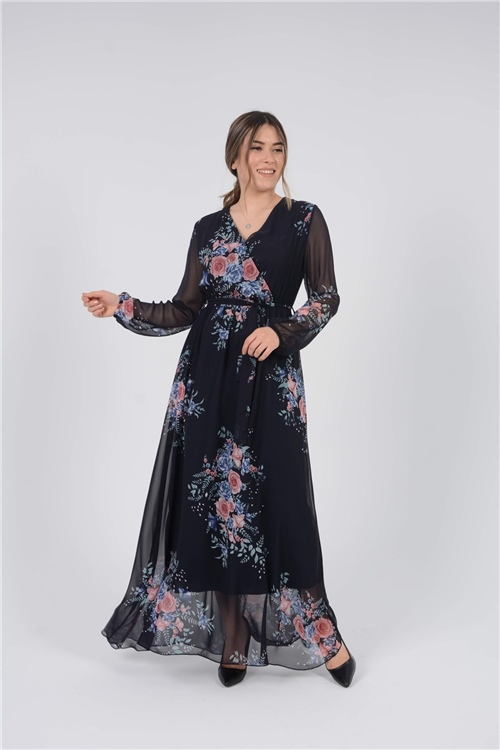 Şifon Çiçek Desenli Elbise - Lacivert