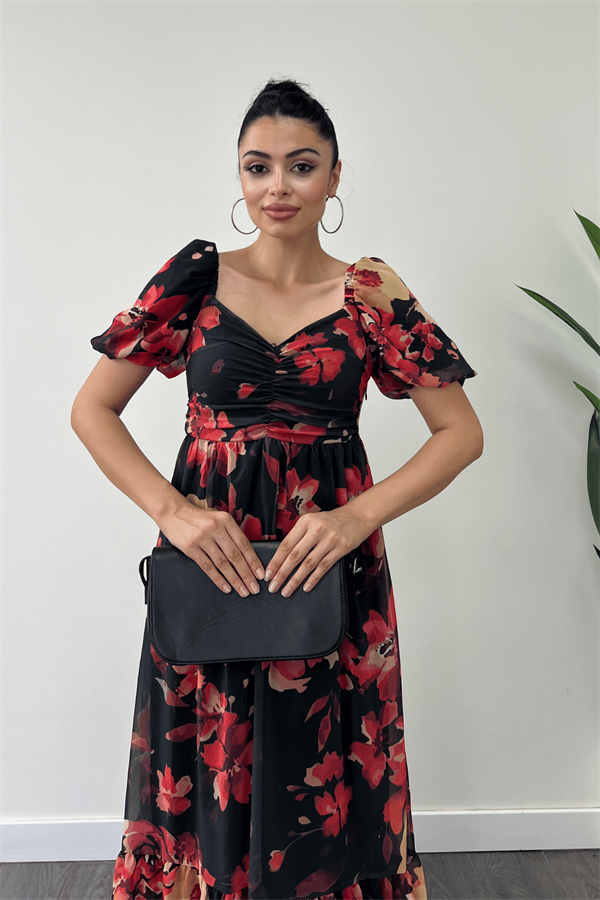 Şifon Çiçekli Kumaş Balon Kol Elbise - SİYAH