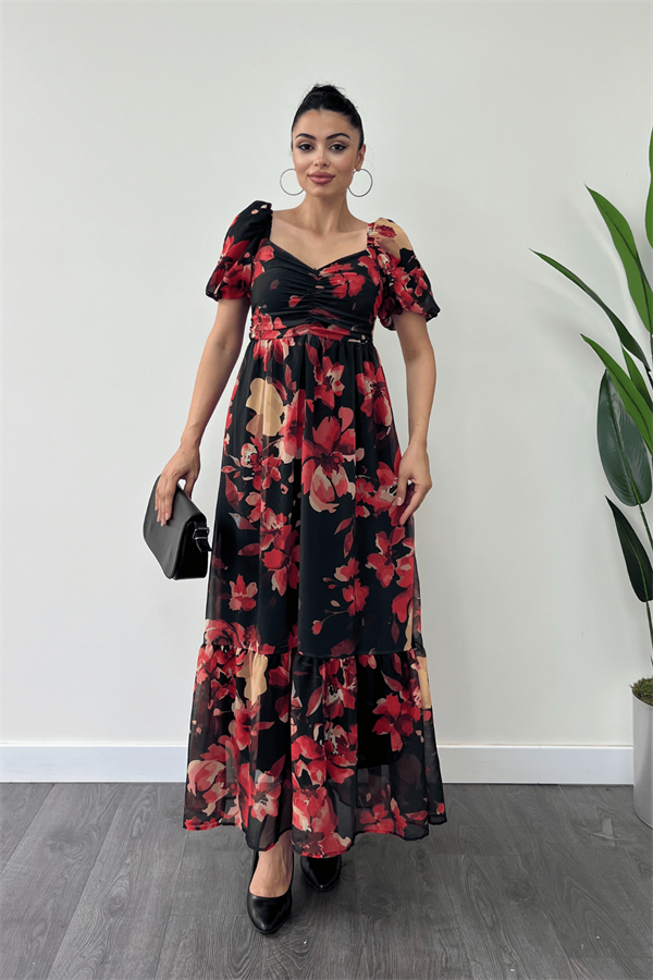 Şifon Çiçekli Kumaş Balon Kol Elbise - SİYAH