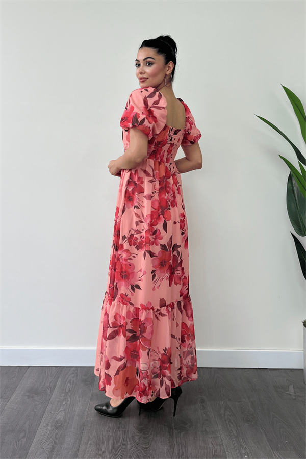 Şifon Çiçekli Kumaş Balon Kol Elbise - TURUNCU