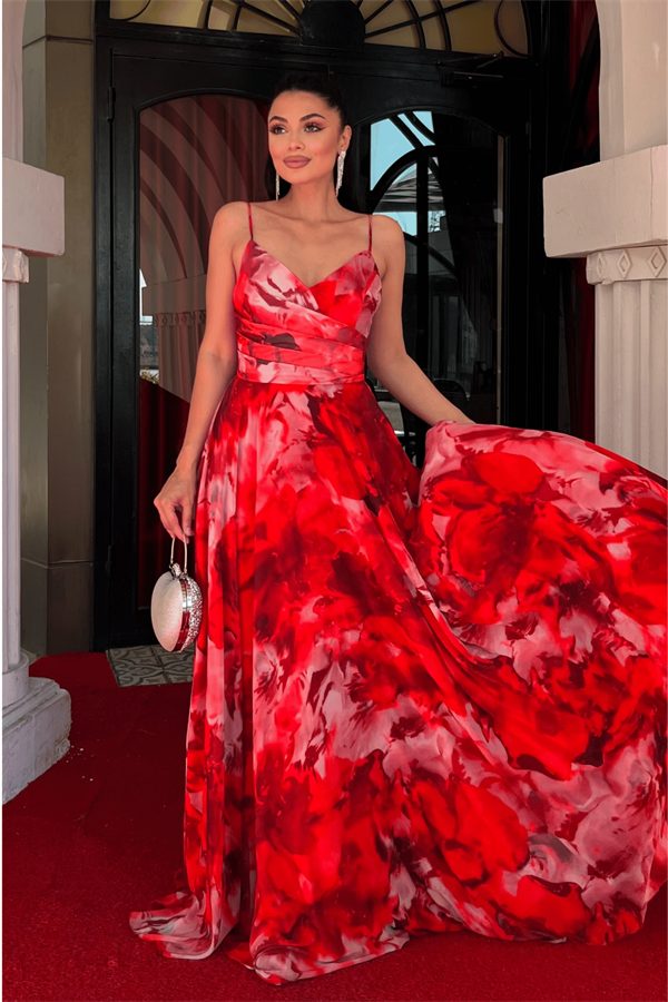 Şifon Desenli Askılı Abiye Elbise - KIRMIZI