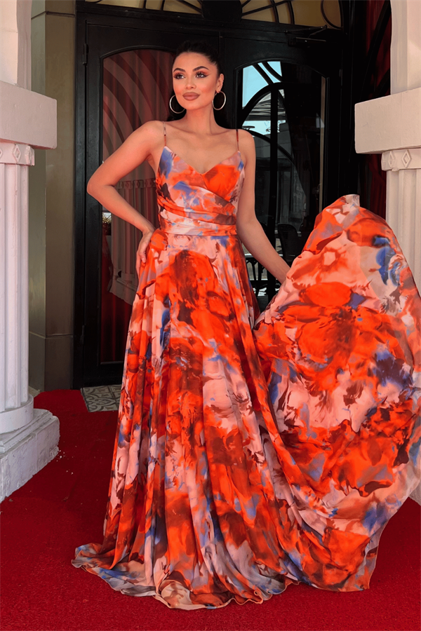 Şifon Desenli Askılı Abiye Elbise - TURUNCU