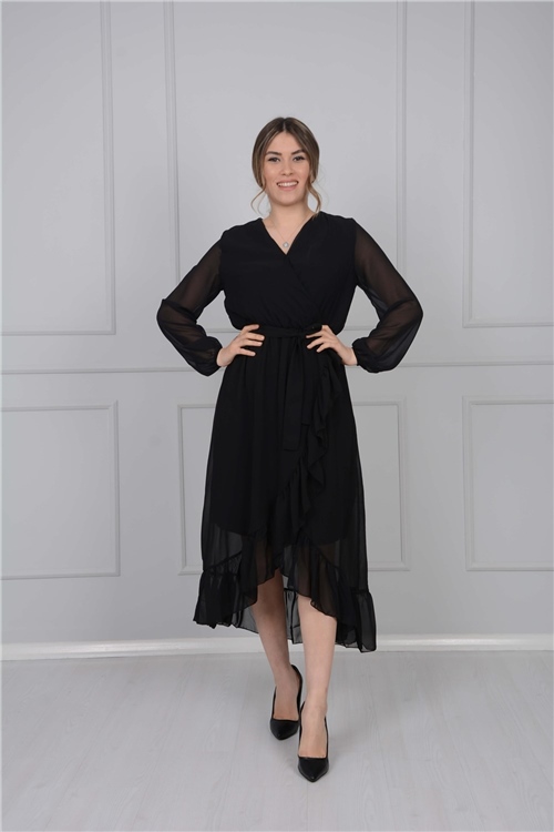 Chiffon Ruffle Dress - Black