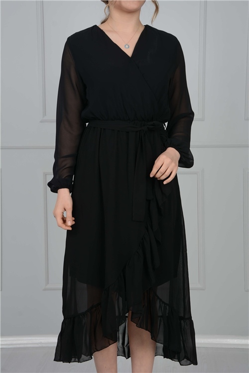 Chiffon Ruffle Dress - Black