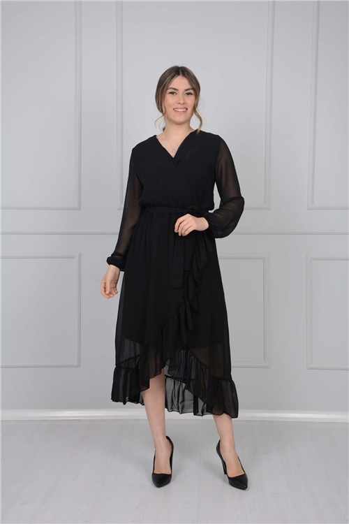 Chiffon Ruffle Dress - Black