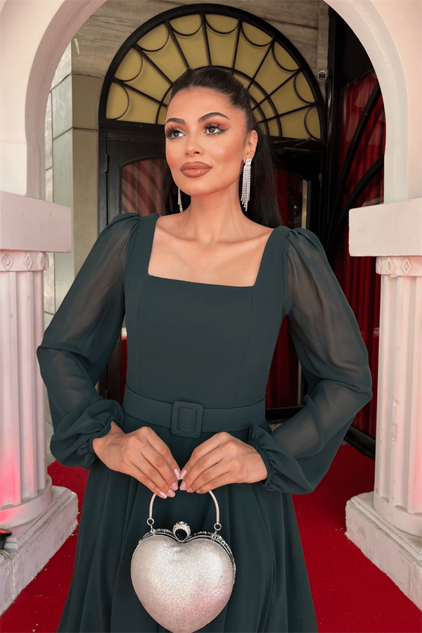 Şifon Krep Kumaş Kare Yaka Midi Elbise - HAKİ YEŞİLİ