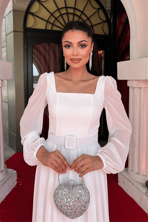 فستان ميدي بياقة مربعة شيفون من قماش الكريب - الأبيض