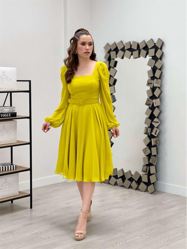 فستان ميدي بياقة مربعة شيفون من قماش الكريب - الأصفر