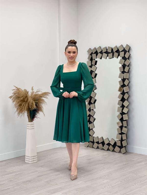 فستان ميدي بياقة مربعة شيفون من قماش الكريب - الزمرد الأخضر