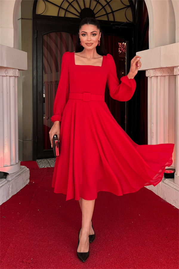 Şifon Krep Kumaş Kare Yaka Midi Elbise - KIRMIZI