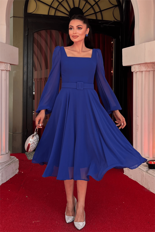 فستان ميدي بياقة مربعة شيفون من قماش الكريب - ساكس بلو