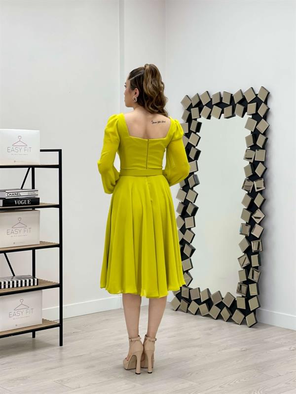 فستان ميدي بياقة مربعة شيفون من قماش الكريب - الأصفر