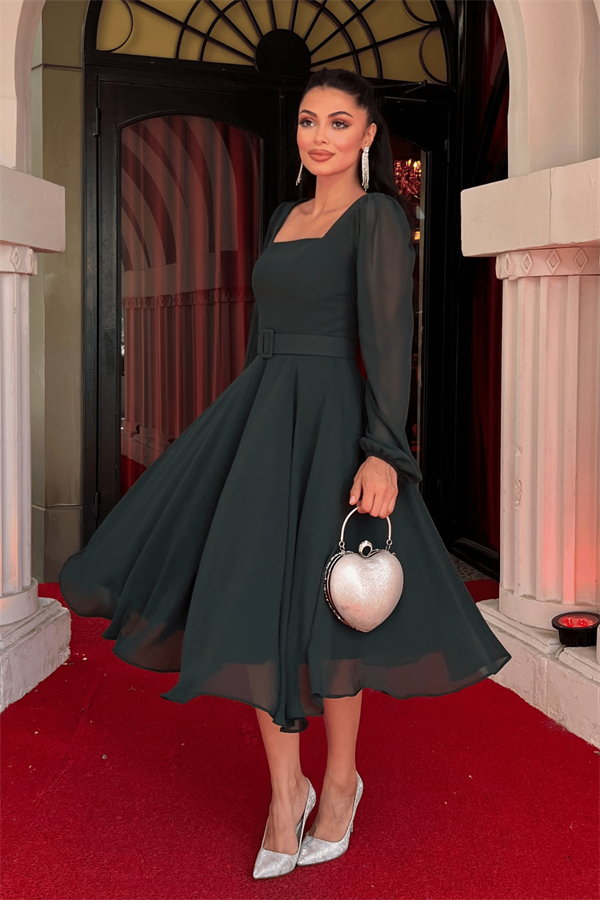 Şifon Krep Kumaş Kare Yaka Midi Elbise - HAKİ YEŞİLİ