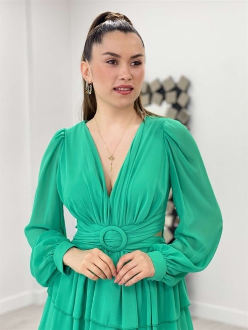 فستان شيفون من قماش الكريب بتفاصيل ظهرية - نعناع أخضر