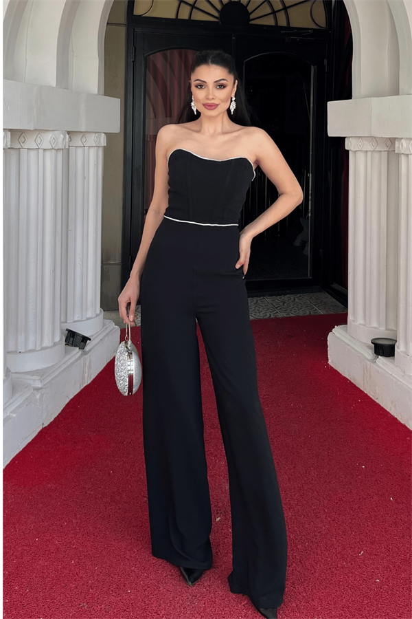 Şifon Krep Kumaş Straplez Pırıltı Detaylı Tulum - SİYAH