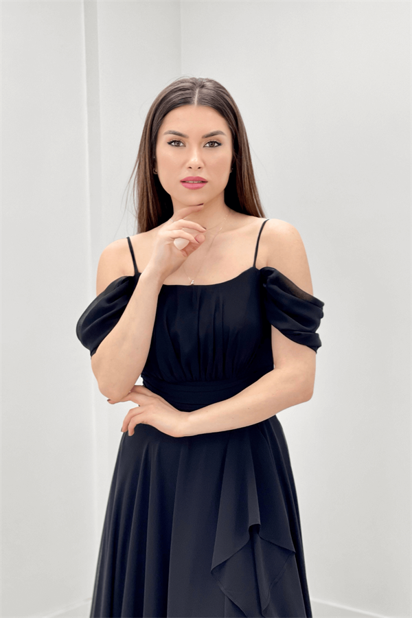 Chiffon Suspended Flywheel Detailed Evening Dress - BLACK