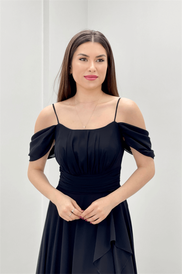 Chiffon Suspended Flywheel Detailed Evening Dress - BLACK