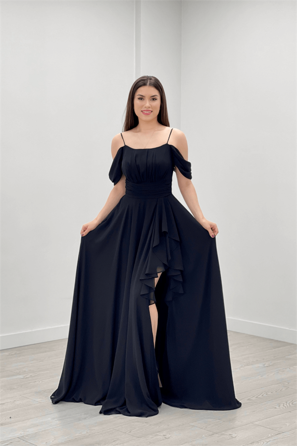 Chiffon Suspended Flywheel Detailed Evening Dress - BLACK