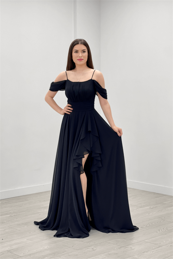 Chiffon Suspended Flywheel Detailed Evening Dress - BLACK