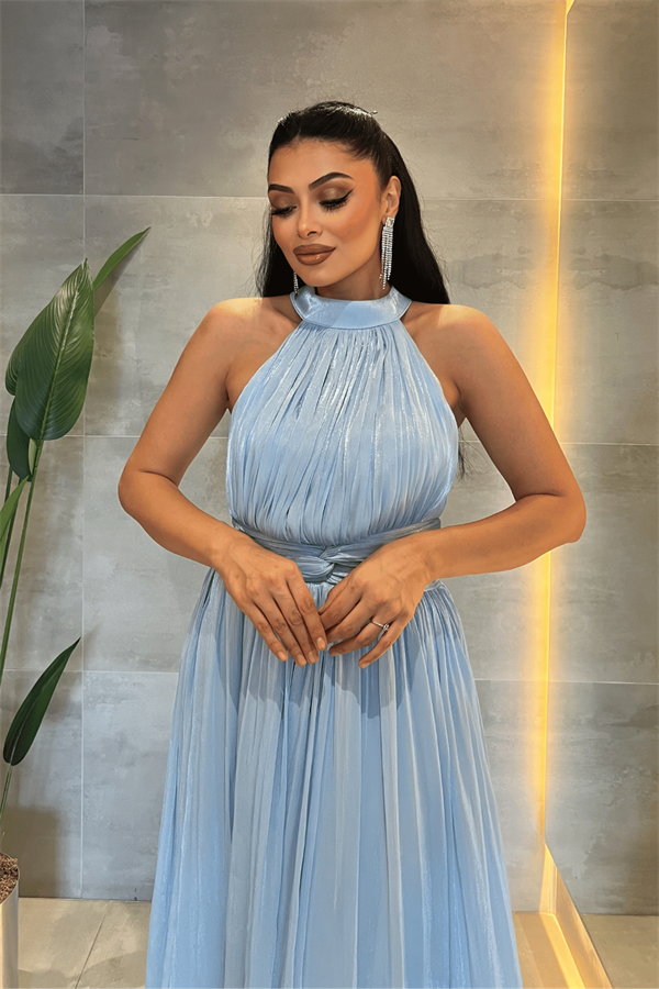 Şifon Kumaş Bel Korseli Abiye Elbise - BEBE MAVİSİ