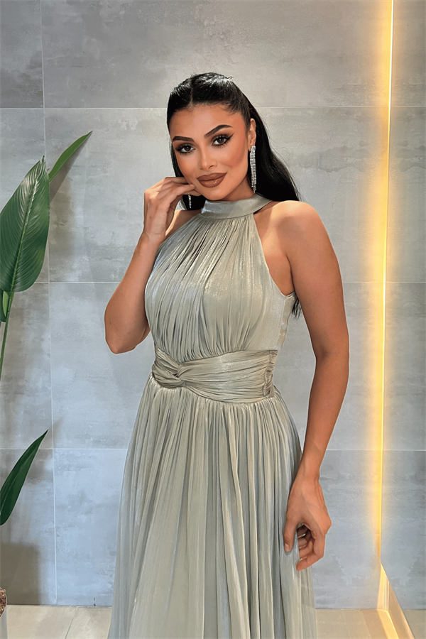 Şifon Kumaş Bel Korseli Abiye Elbise - MİNT YEŞİLİ