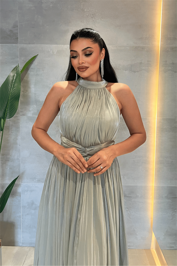 Şifon Kumaş Bel Korseli Abiye Elbise - MİNT YEŞİLİ