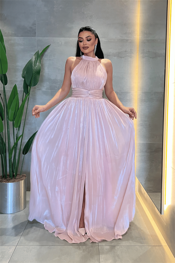 Şifon Kumaş Bel Korseli Abiye Elbise - PEMBE