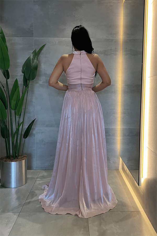 Şifon Kumaş Bel Korseli Abiye Elbise - PEMBE